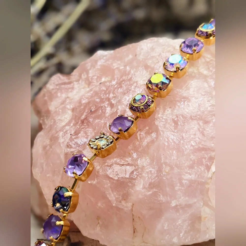 Lavender Violet &  Flower Crystals AB In Classic Tennis Gold Plated Bracelet